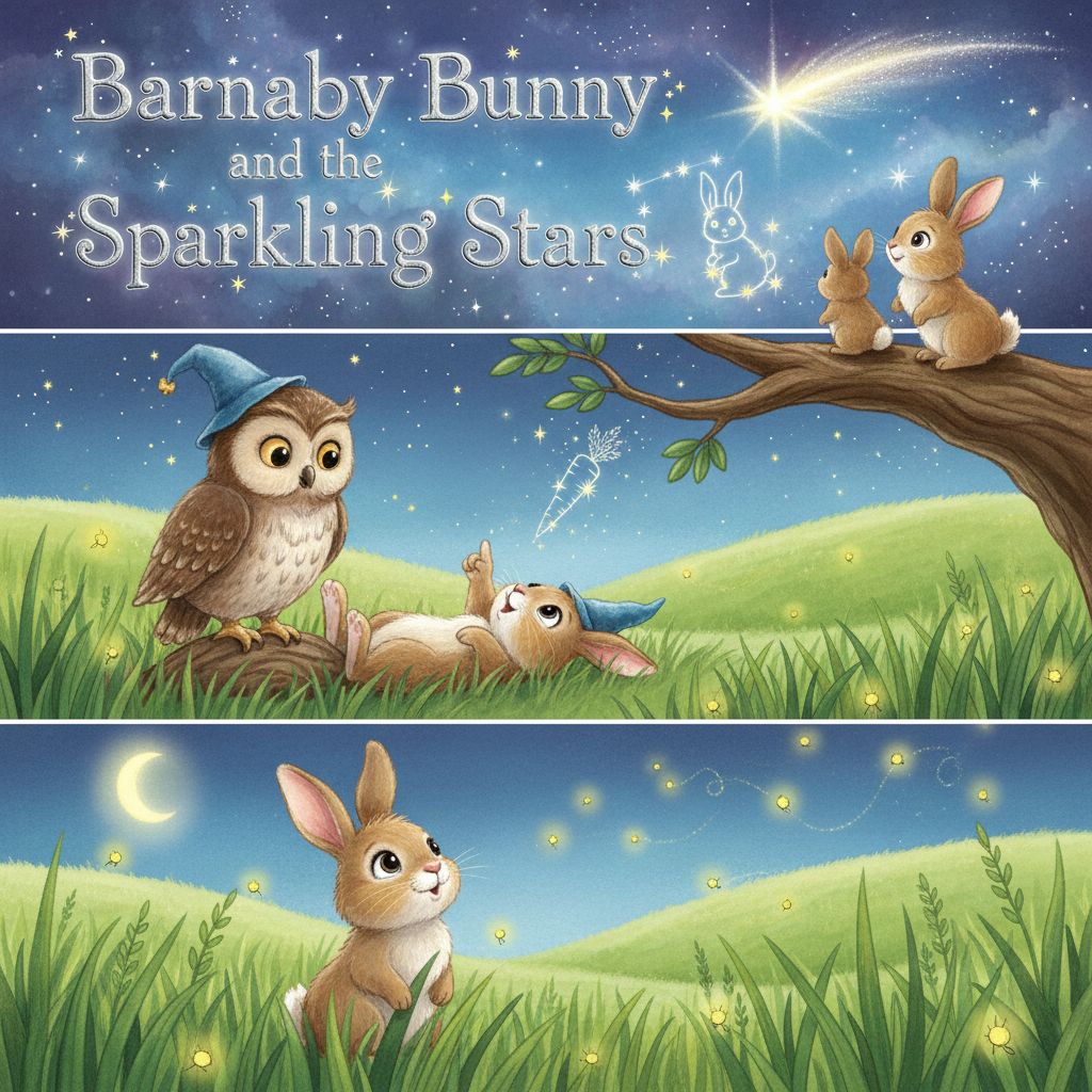The image is an illustration for a children's book titled "Barnaby Bunny and the Sparkling Stars." It features cute animals like bunnies and an owl in a whimsical, starry night setting.