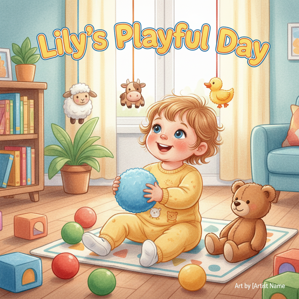 The image shows a cartoon illustration of a baby playing with a blue ball in a room filled with toys. The text "Lily's Playful Day" is at the top.