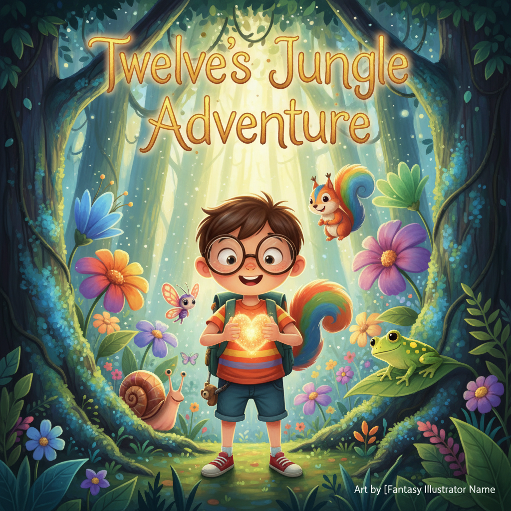 The image is a colorful illustration of a boy standing in a jungle surrounded by flowers, a snail, a butterfly, a squirrel, and a frog. The title "Twelve's Jungle Adventure" is displayed at the top.